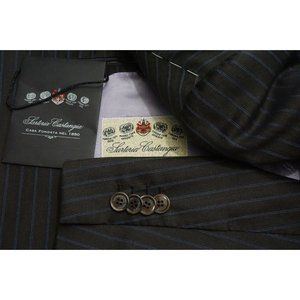 Sartoria Castangia Brown Blue Striped S130s Wool 2 Pc Suit Jacket Pants 38L NEW